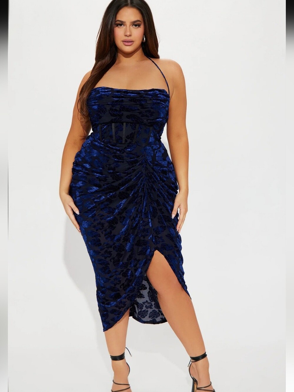Fashion Nova Honolulu Evenings Velvet Midi Dress Navy Blue 2XL NWOT Corset Slit